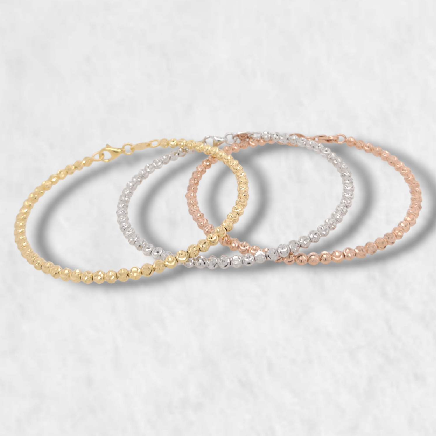 Set Pulseras C Esferas Diamantadas Mm Oro Tres Tonos Kts