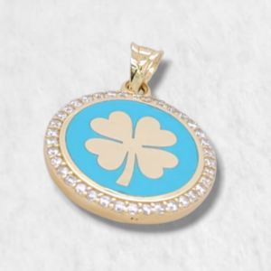 Medalla c/ Marco Zircones & Trebol Esmalte Turquesa - Oro Amarillo 14Kts