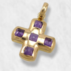 Dije Cruz Cuadrada c/ Amatista Cabuchon - Oro Amarillo 18 Kts