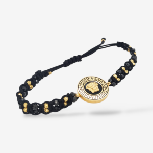 Brazalete (20 mm) Tejido Hilo Chino Negro c/ Esferas Diamantadas Medalla c/ Medusa & Greca - Oro Amarillo 14Kts