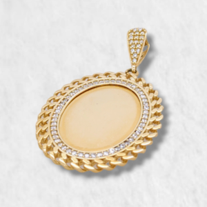 Medalla (26 x 32 mm) Ovalada Liza c/ Marco US Link & Zircones - Oro Amarillo 14Kts