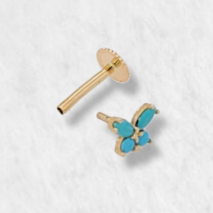 Zarcillo (6 x 4 mm) Unitario Mariposa c/ Turquesas - Oro Amarillo 14Kts