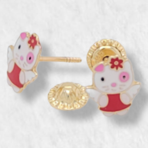 Zarcillos (6 x 7) Hello Kitty & Angel (Screwback/Abridores) - Oro Amarillo 14Kts