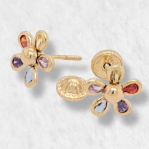 Zarcillos (8 mm) Flores c/ Zircones de Colores (Screwback/Abridores) - Oro Amarillo 14Kts