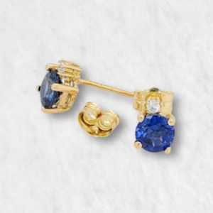 Zarcillos (5 mm) Zafiro Azul c/ Diamante (Post) - Oro Amarillo 18Kts