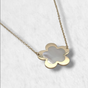 Cadena (40 + 3 cm) Fina Cable c/ Flor Madreperla - Oro Amarillo 14Kts