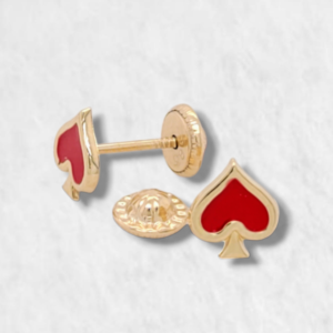 Zarcillos (5 x 5 mm) Corazon Poker Rojo (Screwback/Abridores) - Oro Amarillo 14Kts