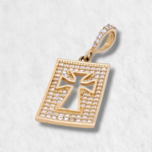 Dije (12 x 20 mm) Placa c/ Zircones Pave & Cruz Calada - Oro Amarillo 14Kts