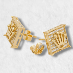 Zarcillos (10 x 10 mm) Cuadrado Zircones Pave c/ Corona - Oro Amarillo 14Kts