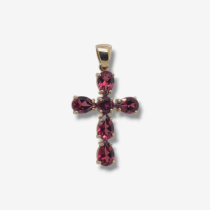 Cruz (16 x 22 mm) c/ Granates en Gota & Redondo Central - Oro Amarillo 14Kts