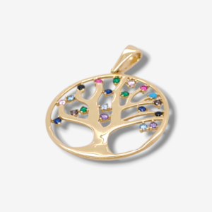 Dije (25 mm) Arbol de la Vida c/ Zircones Multicolores - Oro Amarillo 14Kts