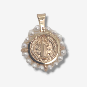 Medalla (14 mm) Redonda San Benito Abad c/ Marco de Perlas - Oro Amarillo 14Kts