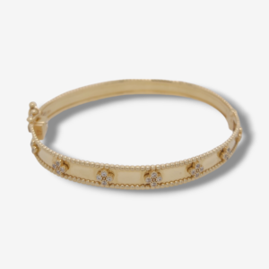 Bangle (6 mm) c/ Treboles de Zircones Incrustados c/ Borde Pespinteado  - Oro Amarillo 14Kts