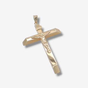 Crucifijo (32 x 51 mm) Tubo Cuadrado Light c/ Terminales 45 Grados (4 mm) - Oro Amarillo 14Kts