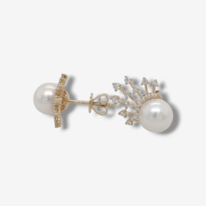 Zarcillos Post Perla Cultivada c/ Corona de Diamantes (0.32 Ct) - Oro Amarillo 14Kts