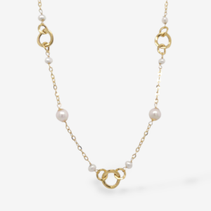 Set Collar (44 cm), Brazalete (18 cm) & Zarcillos Post Largos (3 cm) c/ Perlas & Eslabones - Oro Amarillo 18Kts