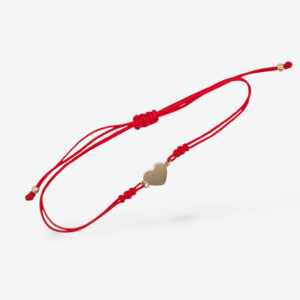 Brazalete Hilo Chino Rojo c/ Corazon (8 x 9 mm) Plano & Dos Esferas Terminales - Oro Amarillo 14Kts