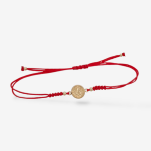 Brazalete (8 mm) Hilo Chino Rojo c/ Medalla San Benito Abad & Detalles c/ Esferas - Oro Amarillo 14Kts