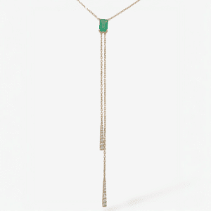 Cadena (45 cm) Lariat Tejido Cable c/ Esmeralda & 4 Prongs c/ Terminales Diamantes Pave - Oro Amarillo 14Kts