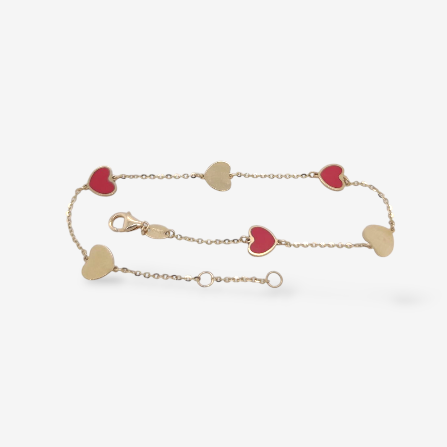 Brazalete (19.5 cm) c/ Corazones Planos (7 x 5.6 mm) c/ Agata Roja & Cierre Lobster - Oro Amarillo 14Kts