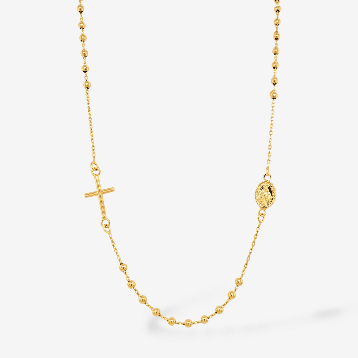 Rosario (42 cm) Pasante c/ Esferas Lisas (2.26 mm) Medalla Milagrosa & Cruz c/ Cierre Spring - Oro Amarillo 14Kts