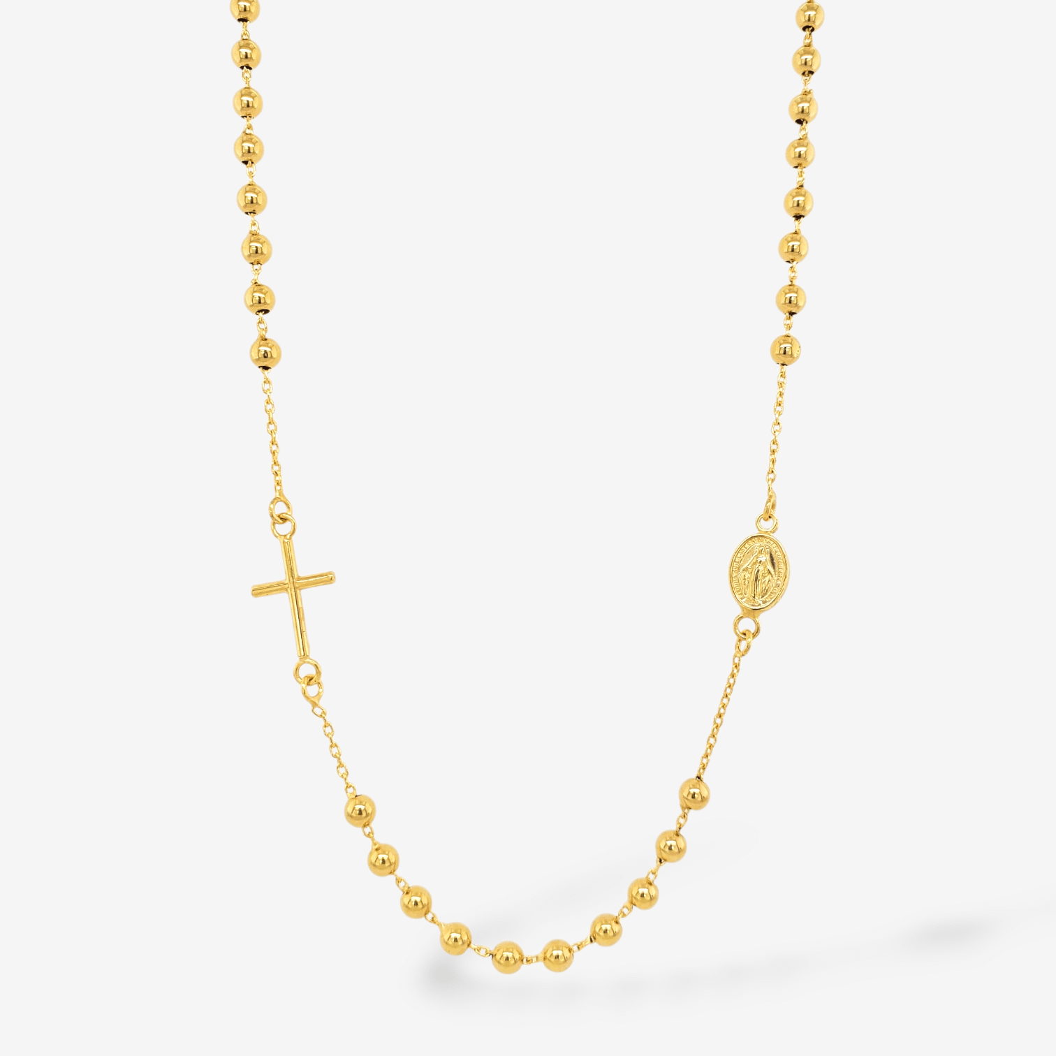 Rosario (42 cm) Pasante c/ Esferas Lisas (3 mm) Medalla Milagrosa & Cruz c/ Cierre Lobster - Oro Amarillo 14Kts