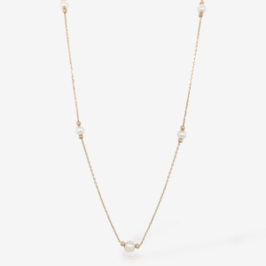 Cadena (42.5 cm) Cable Fina c/ Perlas & Esferas Mini c/ Cierre Spring - Oro Amarillo 14Kts