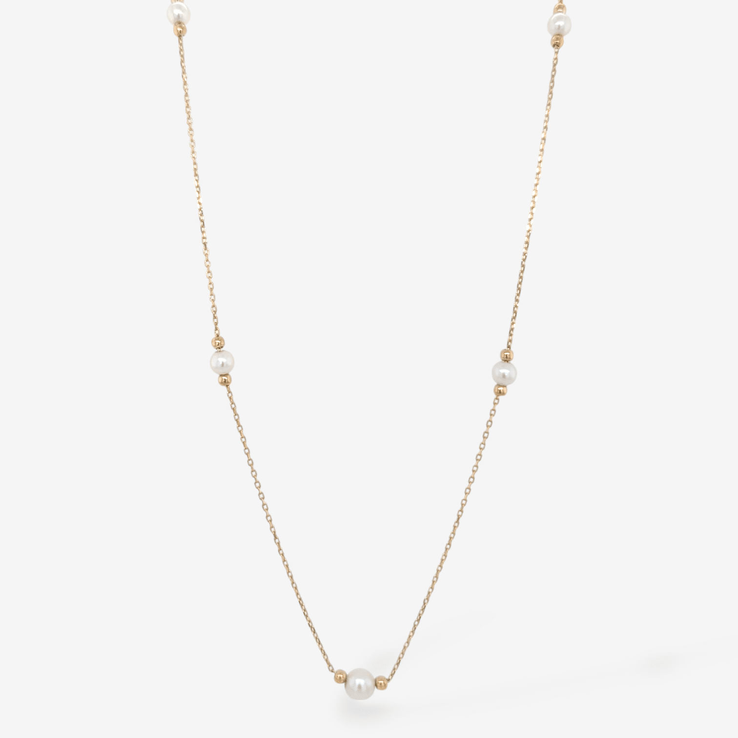 Cadena (42.5 cm) Cable Fina c/ Perlas & Esferas Mini c/ Cierre Spring - Oro Amarillo 14Kts