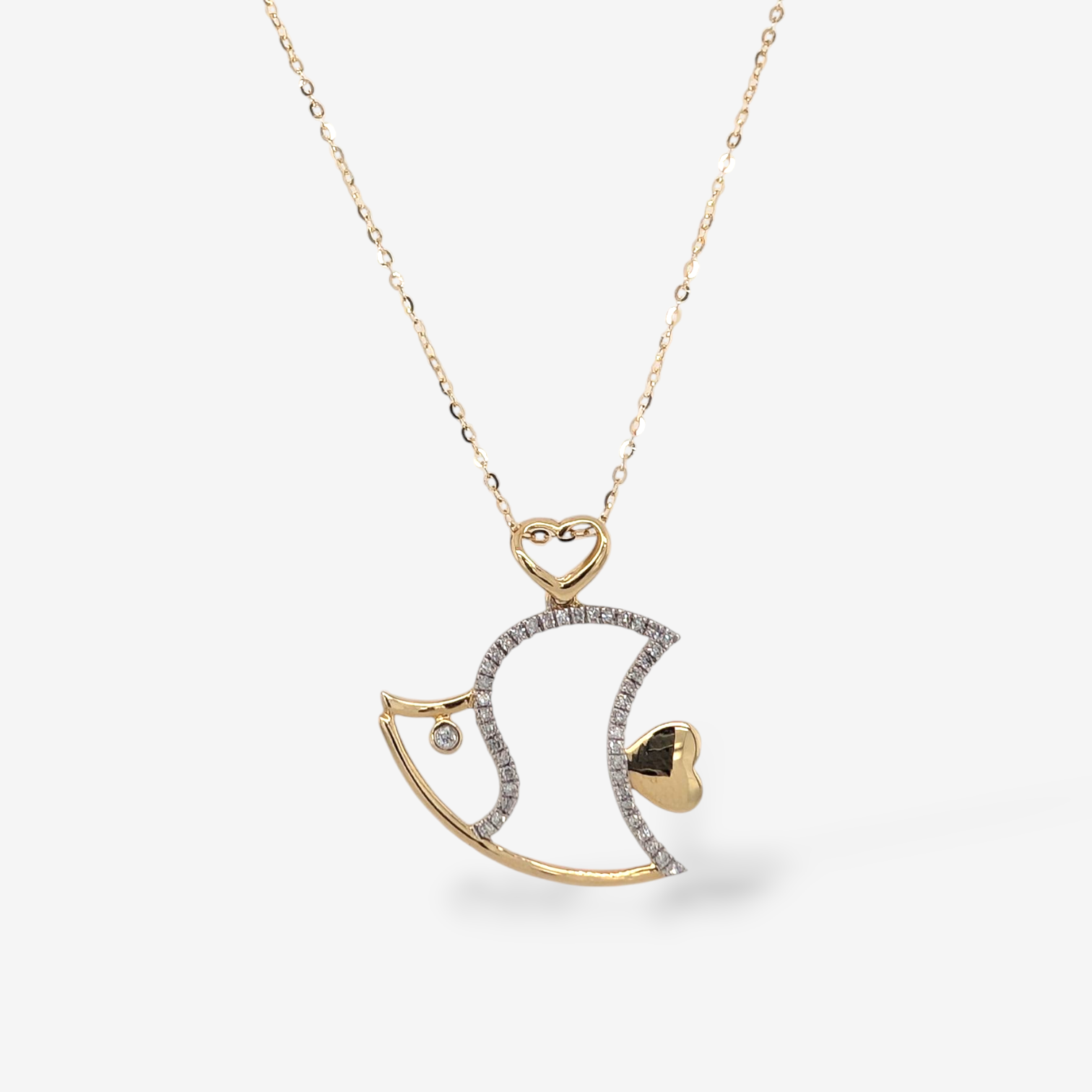 Cadena (45 cm) Fina Cable c/ Dije Pez Silueta (21 x 18 mm) c/ Diamantes Pave & Cierre Spring - Oro Amarillo 14Kts