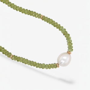 Collar (43 cm) Peridoto Facetadas c/ Perla Cultivada Central & Arandelas de Oro - Oro Amarillo 14Kts