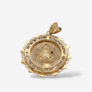 Medalla (22 mm) Santa Barbara c/ Marco de Zircones & Borde Pespunteado - Oro Amarillo 14Kts