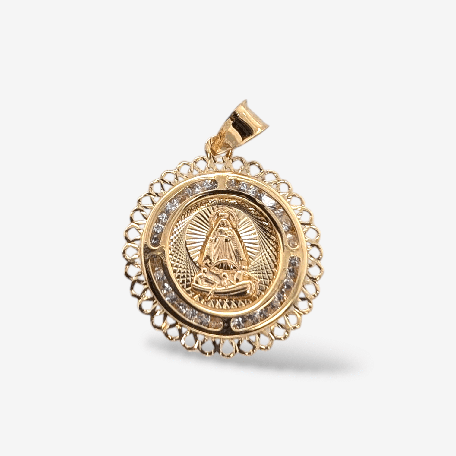 Medalla (19 mm) Virgen de Caridad del Cobre c/ Marco de Zircones & Filigrana - Oro Amarillo 14Kts