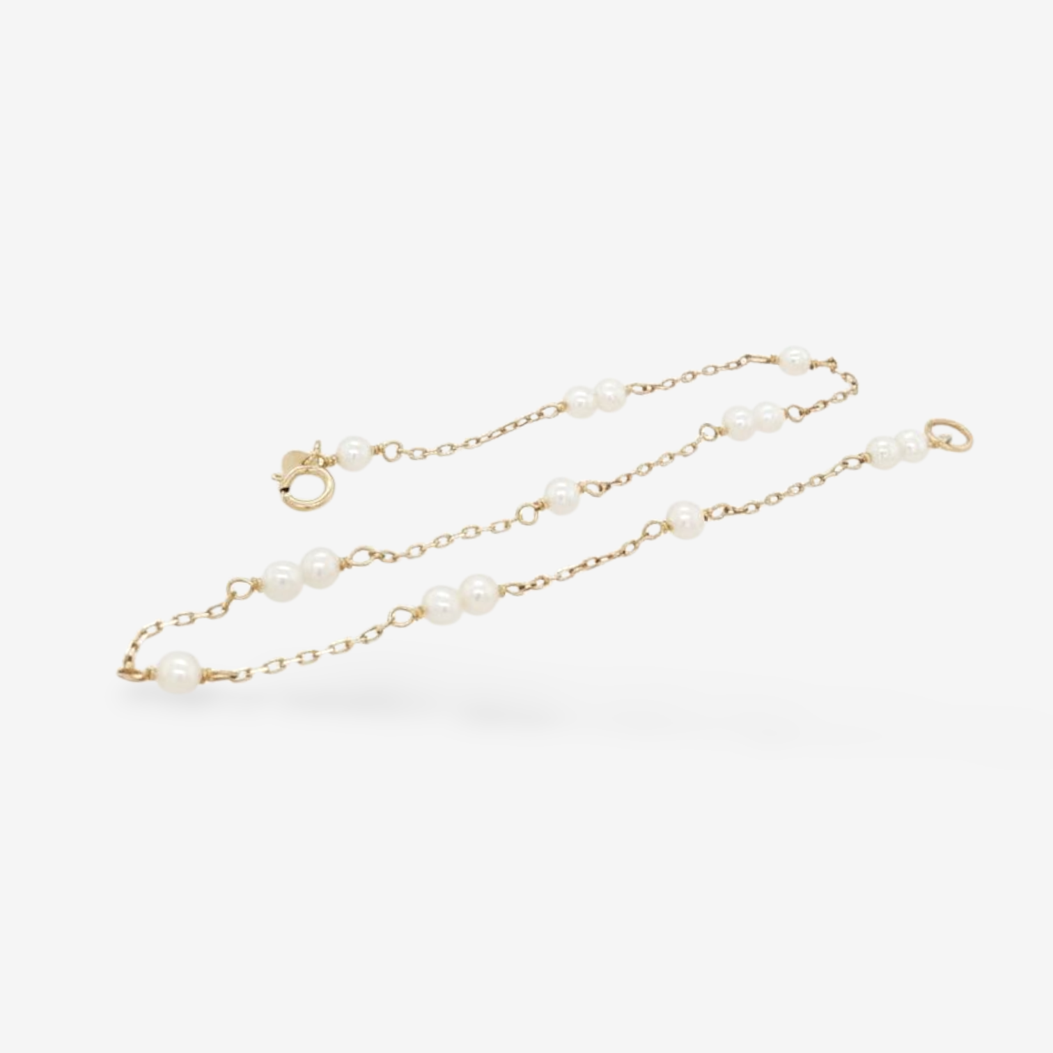 Tobillera (24 cm) Tejido Cable c/ Perlas Redondas Cultivadas (3 mm) c/ Cierre Spring - Oro Amarillo 14Kts