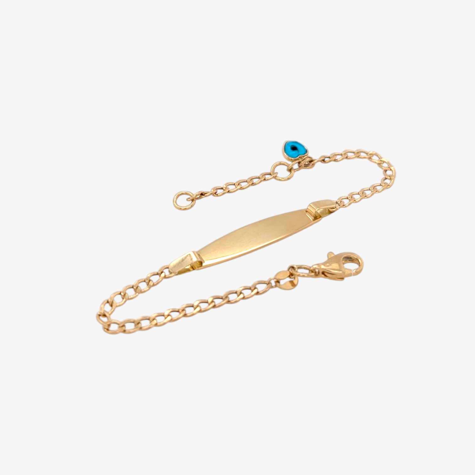 Brazalete (15 cm) Esclava Placa ID (5.5 x 24 mm) Tejido US Link c/ Corazon Ojo Turco - Oro Amarillo 18Kts