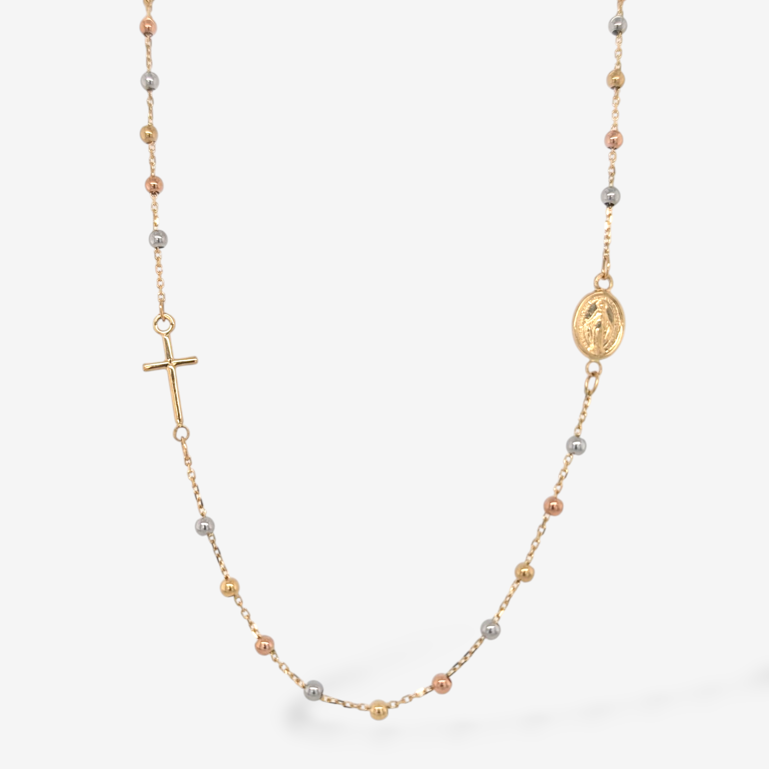 Rosario (45 cm) Pasante c/ Esferas (2.26 mm) c/ Cruz (6 x 9 mm) & Virgen Milagrosa - Oro Tres Tonos 18Kts