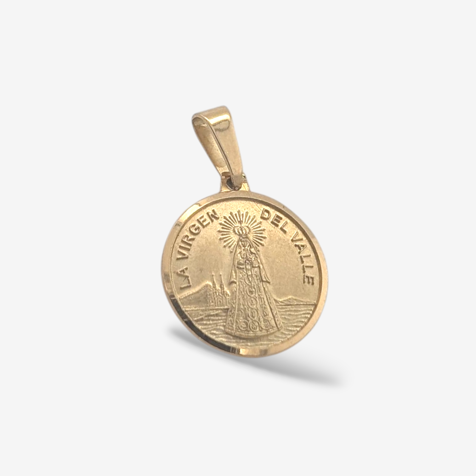 Medalla (15 mm) Redonda Virgen del Valle Satinada c/ Borde Liso - Oro Amarillo 18Kts