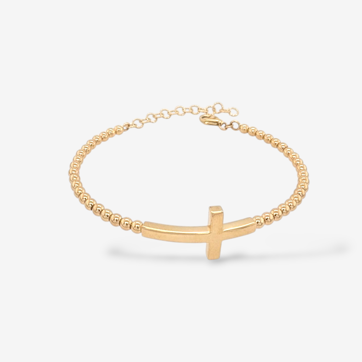 Pulsera (#18) Bangle Esferas (3 mm) c/ Cruz Lisa Pasante (14 x 26 mm) c/ Cierre Lobster & Extension - Oro Amarillo 14Kts