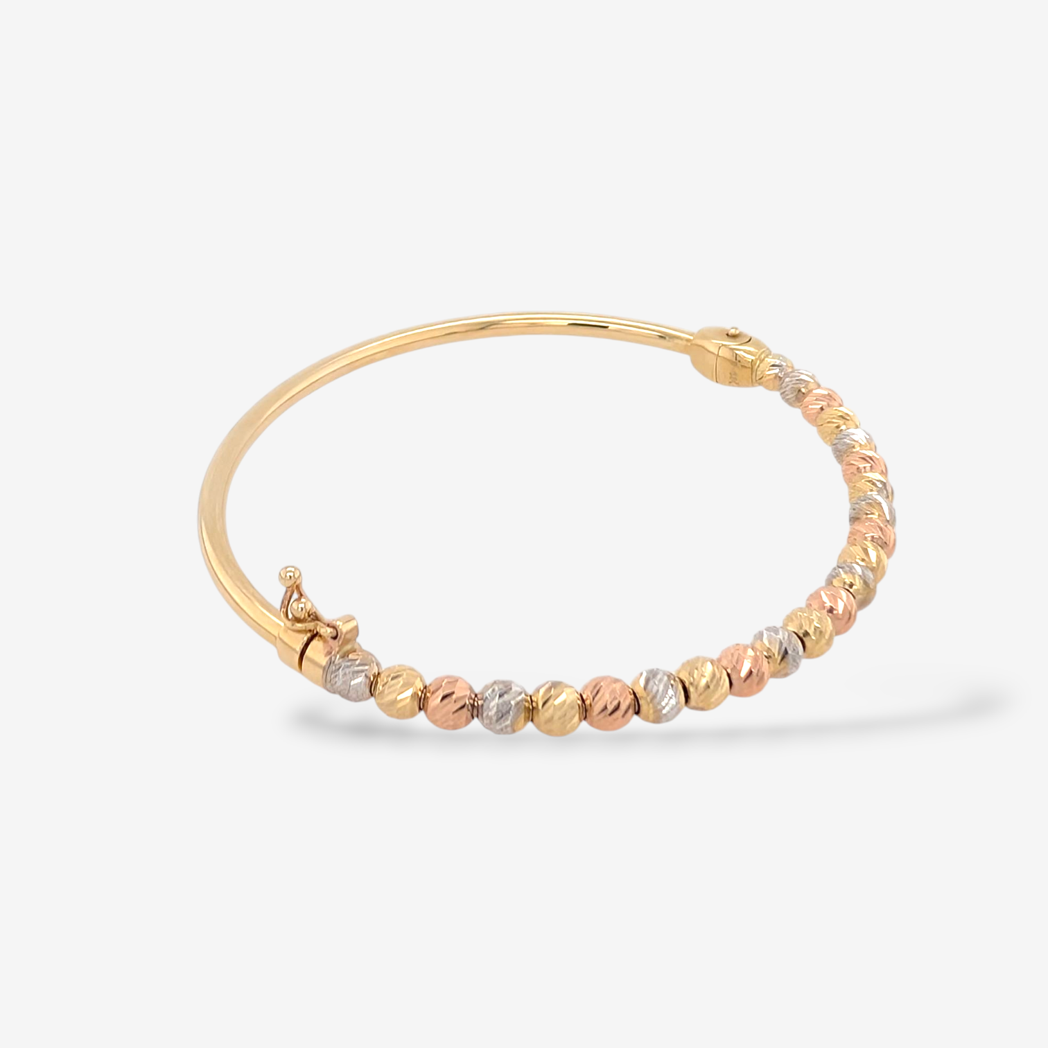 Pulsera (#19) Bangle Tubo Redondo (2.5 mm) c/ Esferas Diamantadas (3.9 mm) - Oro Tres Tonos 14Kts