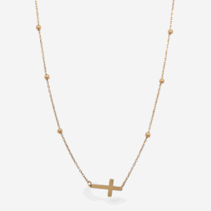 Cadena (44 cm) Tejido Cable Fino c/ Esferas (2 mm) & Cruz Pasante Pequena (6.5 x 11 mm) - Oro Amarillo 14Kts