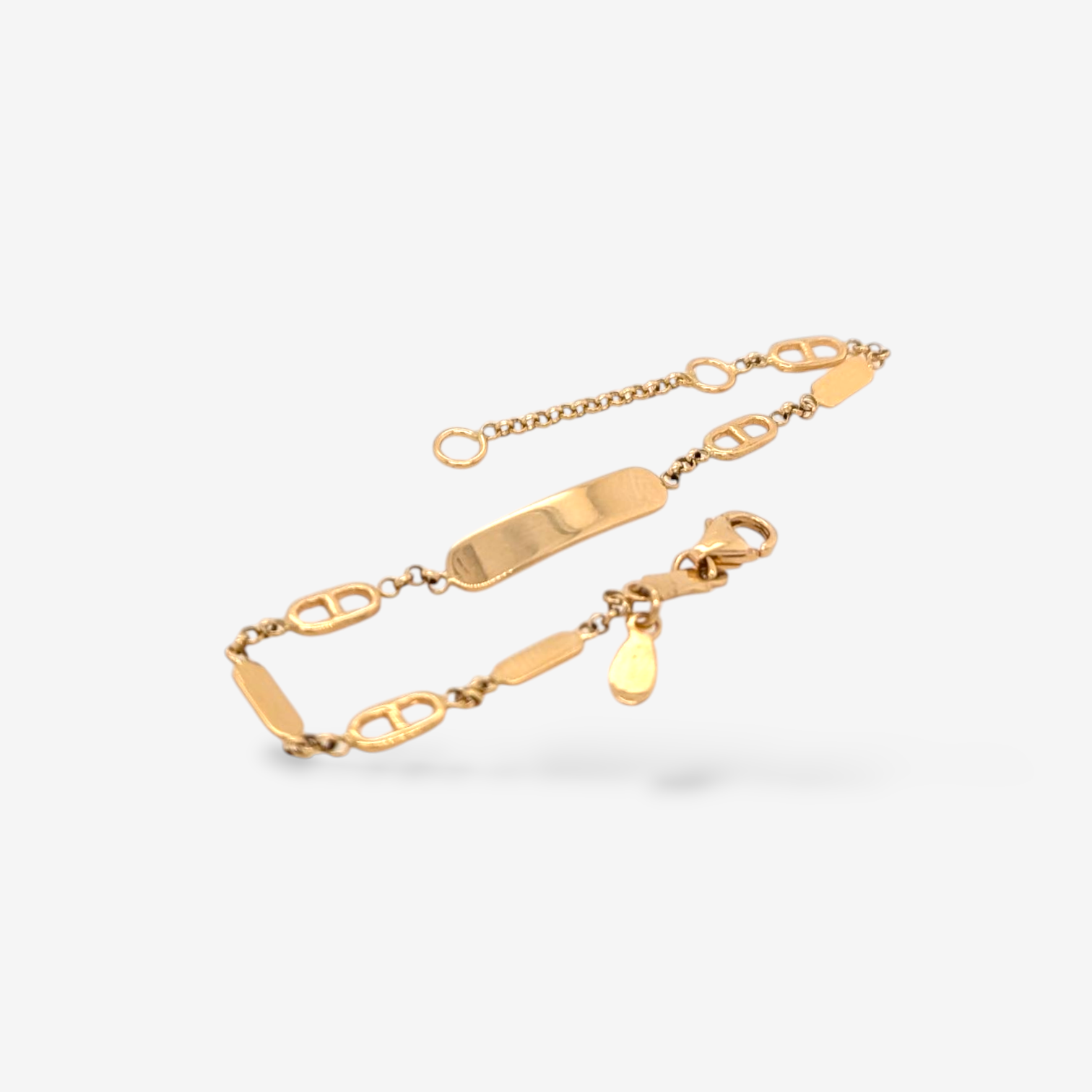 Brazalete (14 cm) c/ Placa Esclava ID c/ Eslabones Mariner Plano & Plaquitas c/ Cierre Lobster - Oro Amarillo 18Kts