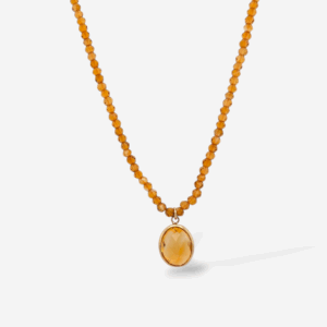 Collar (42 cm) Citrino Fascetados c/ Dije Biselado (8 mm) & Cierre Spring - Oro Amarillo 14Kts