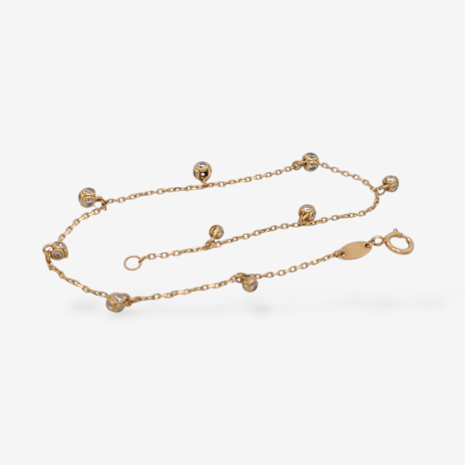 Brazalete (19 cm) Cadena Fina Cable & Esferas c/ Zircones & Cierre Spring (3.5 mm) - Oro Amarillo 18Kts