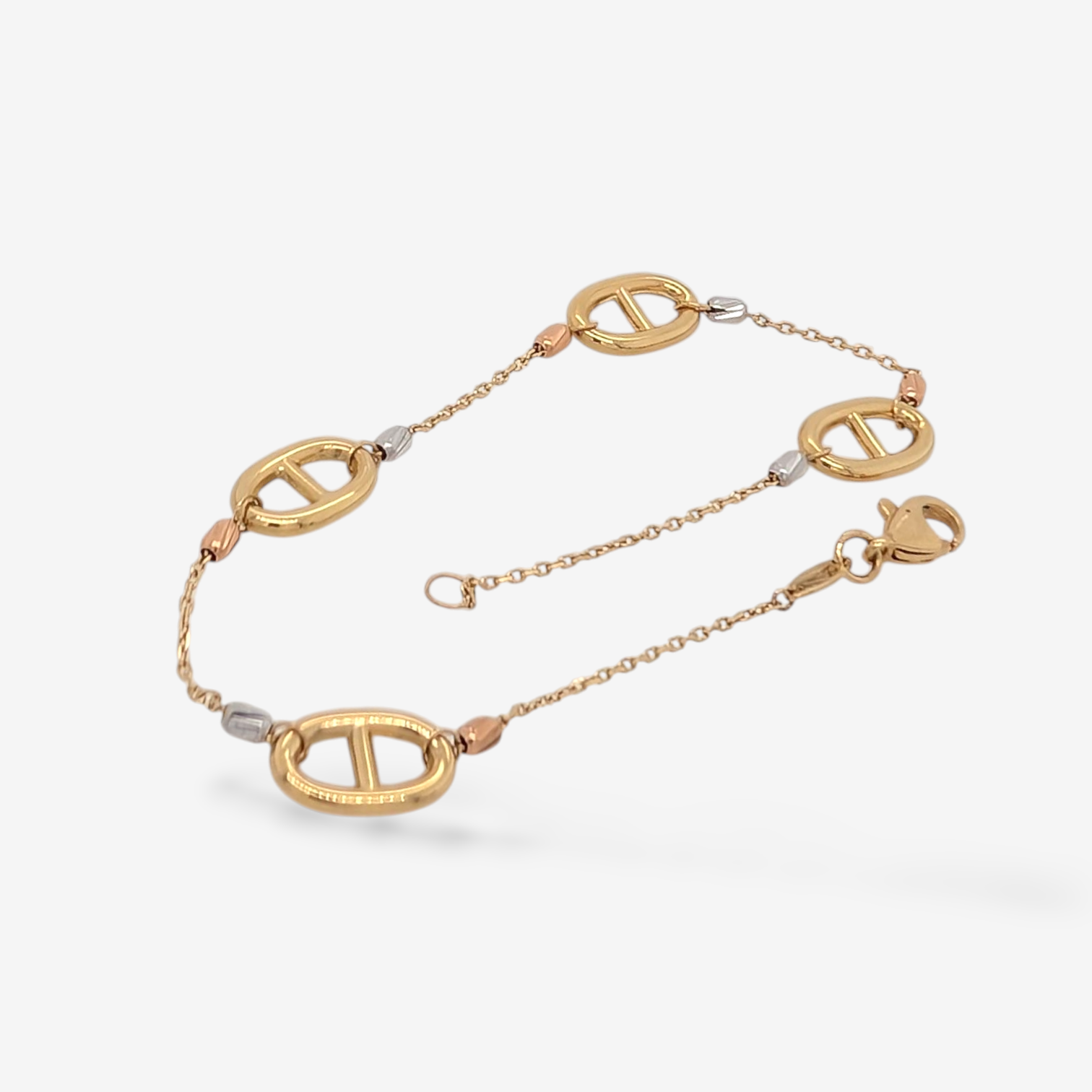 Brazalete (19 cm) Cable c/ Boton Mariner (7 x 11 mm) & Cilindro Diamantado & Cierre Lobster - Oro Tres Tonos 18Kts