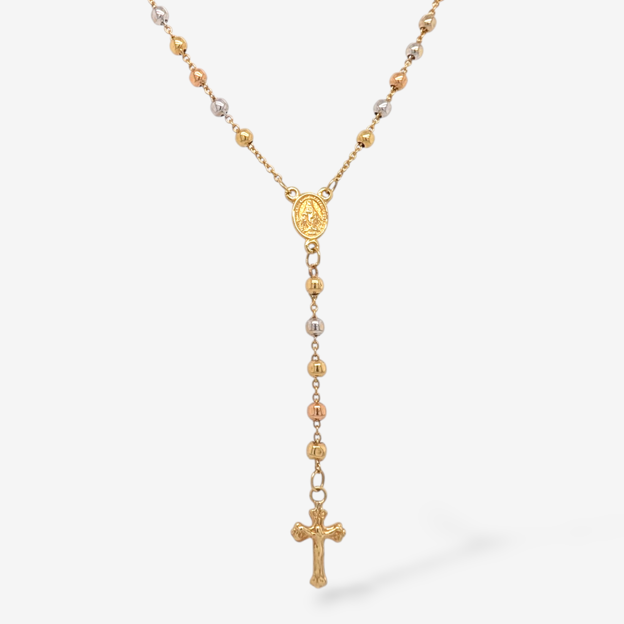 Rosario (45 cm) Esferas Lisas (3 mm) c/ Vitela Milagrosa (6 x 8 mm) & Cruz Mini (8 x 12 mm) - Oro Tres Tonos 18Kts