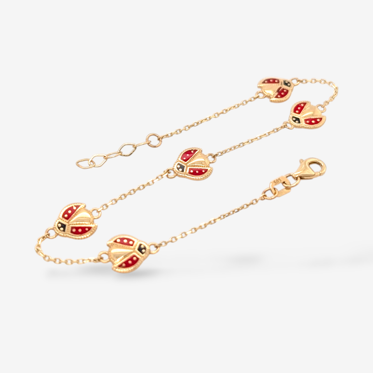 Brazalete (18 cm) Tejido Cable Fino c/ 5 Ladybug (7 x 7 mm) c/ Esmalte y Cierre Lobster - Oro Amarillo 14Kts