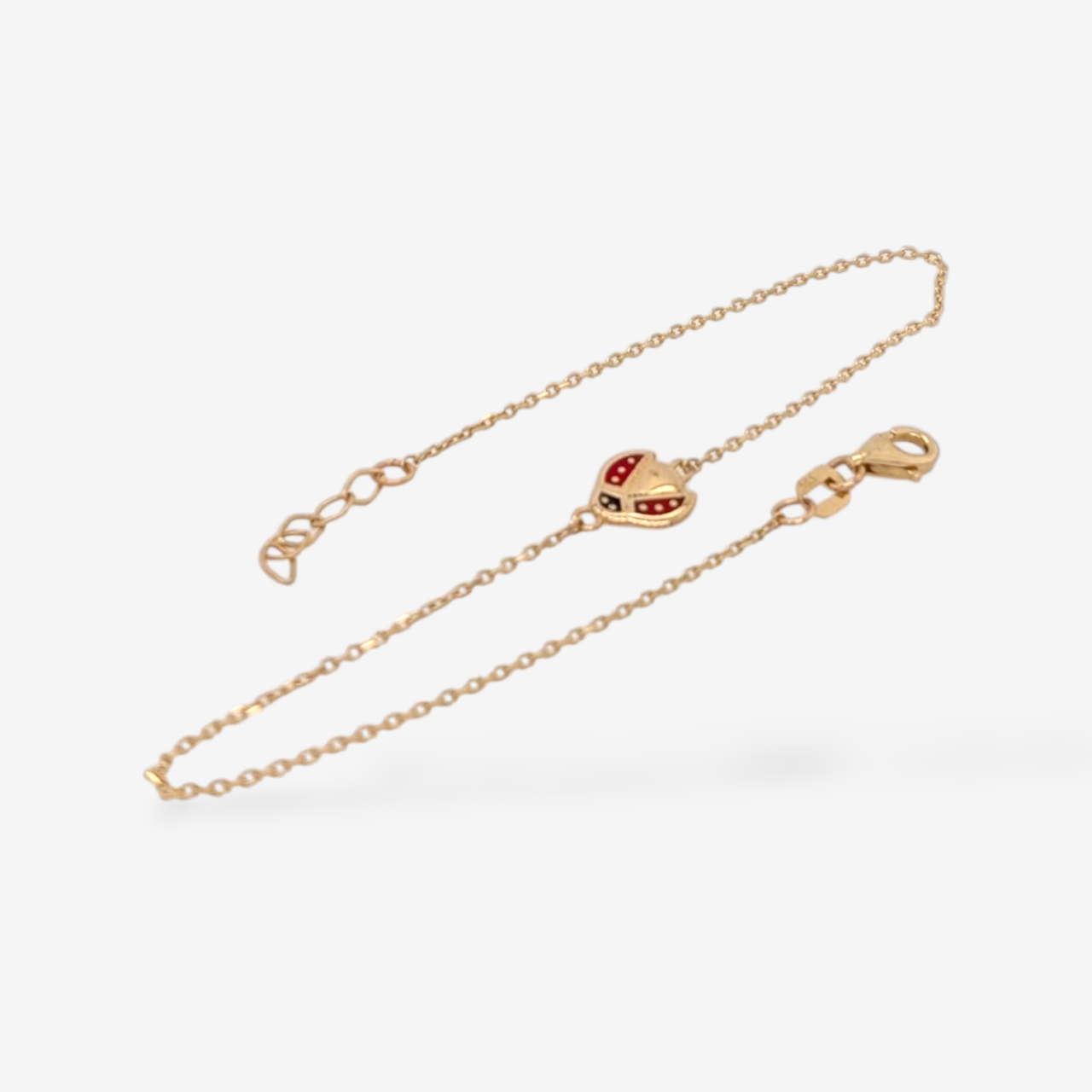 Brazalete (20 cm) Tejido Cable Fino c/ 1 Ladybug (7 x 7 mm) c/ Esmalte &amp; Cierre Lobster - Oro Amarillo 14Kts