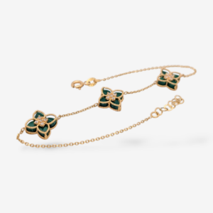 Brazalete (20.5 cm) Tres Flores 4 Petalos de Malaquita (11.5 mm) c/ Zircones & Cierre Spring - Oro Amarillo 18Kts