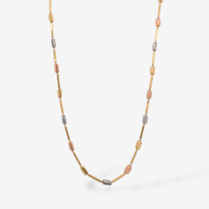 Cadena (43.5 cm) c/ Tubos & Barriles Diamantados c/ Cierre Spring - Oro Tres Tonos 18Kts