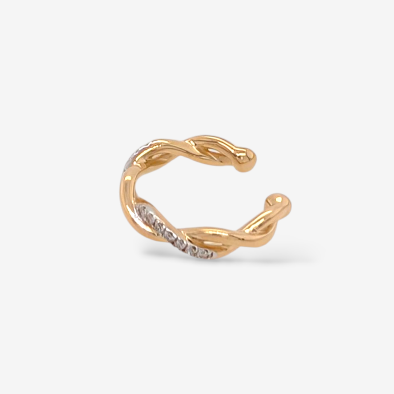 Zarcillo (13 mm) Unitario Earcuff Doble Linea Twist Lisa & Diamantes Pave (0.04 Ct) - Oro Amarillo 14Kts