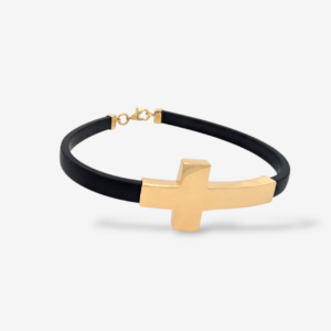 Brazalete (7 mm) Caucho Plano c/ Cruz (20 x 40 mm) & Terminales c/ Cierre Lobster  - Oro Amarillo 18Kts